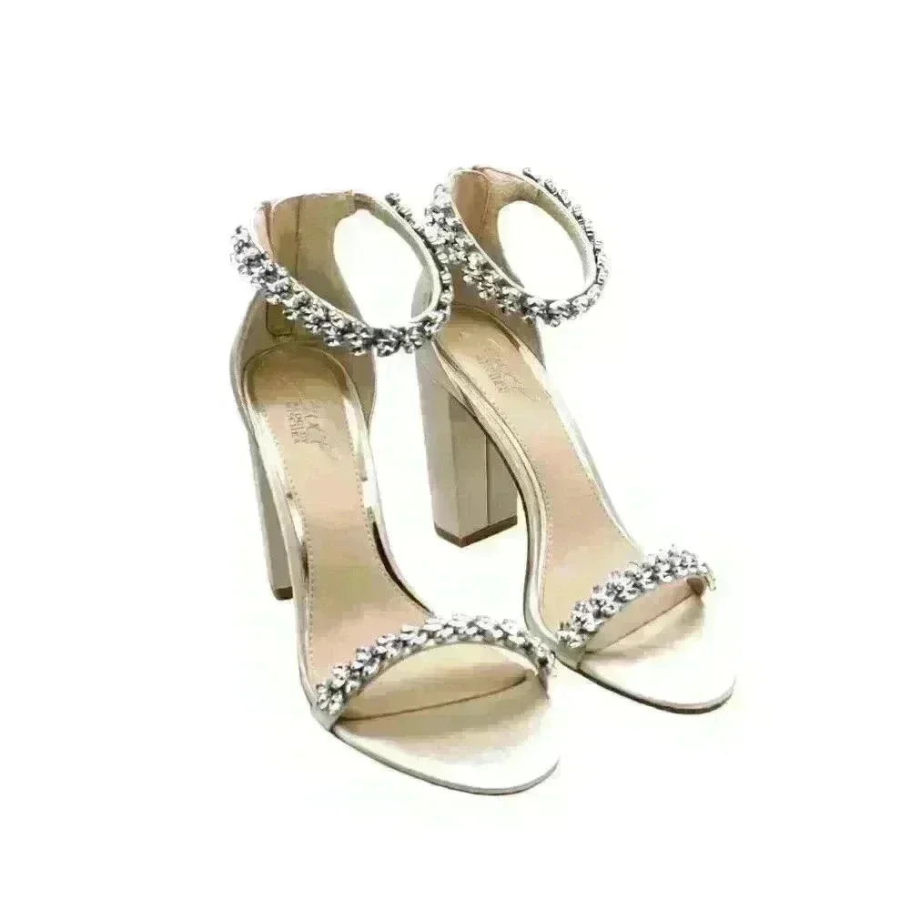 Crystal-Embellished White Block Heel Sandals